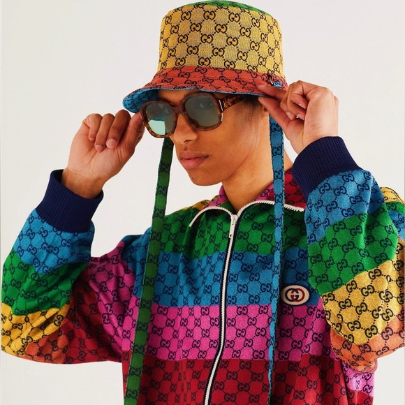 Gucci Accessories - Gucci GG Straps Monogram Bucket Hat Multi-Color Reversible w Leather Logo Patch